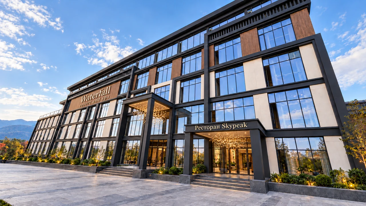 Дневной фасад Waterfall Resort & Spa с каскадом огней — визуализация проекта